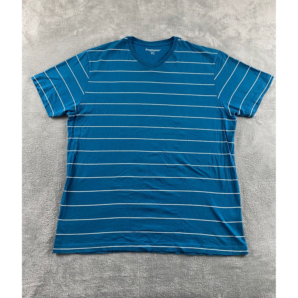 Dressmann Mens XL V-Neck T-Shirt Teal Blue White Horizontal Striped Cotton Tee
